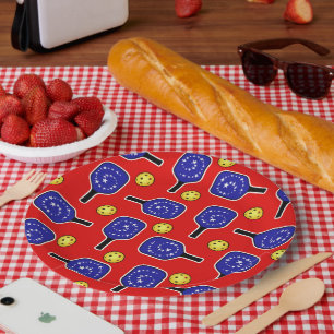 Pickleball Blue Paddles Yellow Balls 4th of July Paper Plates