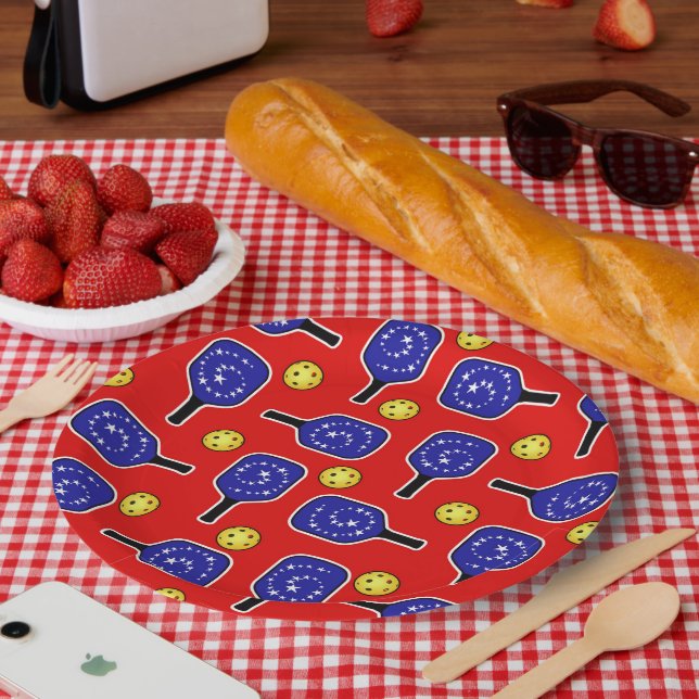 Pickleball Blue Paddles Yellow Balls 4th of July Paper Plates (Picnic)