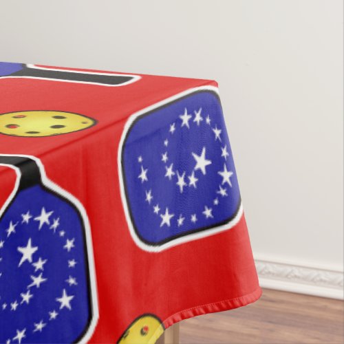 Pickleball Blue Paddles Yellow Balls 4th of July Tablecloth