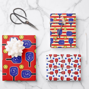 Pickleball Blue Paddles Yellow Balls 4th of July Wrapping Paper Sheets