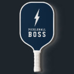 Pickleball Boss Lightning Bolt Custom Color Paddle<br><div class="desc">This simple,  trendy pickleball paddle features a lightning bolt and collegiate typography reading Pickleball Boss. The back contains text templates for monogram initials and a name,  making it a perfect,  personalized gift! The background color can be customized to any color you'd like!</div>