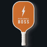 Pickleball Boss Lightning Bolt Custom Color   Pickleball Paddle<br><div class="desc">This simple,  trendy pickleball paddle features a lightning bolt and collegiate typography reading Pickleball Boss. The back contains text templates for monogram initials and a name,  making it a perfect,  personalized gift! The background color can be customized to any color you'd like!</div>
