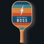 Pickleball Boss Lightning Bolt Retro Stripes Name  Pickleball Paddle<br><div class="desc">This simple,  trendy pickleball paddle features a lightning bolt and collegiate typography reading Pickleball Boss over a retro stripes design. The back contains text templates for monogram initials and a name,  making it a perfect,  personalized gift!</div>