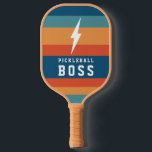 Pickleball Boss Lightning Bolt Retro Stripes Name  Pickleball Paddle<br><div class="desc">This simple,  trendy pickleball paddle features a lightning bolt and collegiate typography reading Pickleball Boss over a retro stripes design. The back contains text templates for monogram initials and a name,  making it a perfect,  personalized gift!</div>