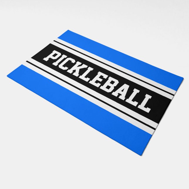 PICKLEBALL Bright Blue Black White Racing Stripes Doormat (Angled)