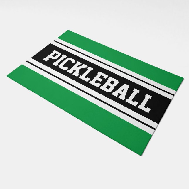 PICKLEBALL Bright Green Black White Racing Stripes Doormat (Angled)