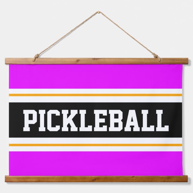 PICKLEBALL Bright Pink Orange Black Racing Stripes Hanging Tapestry (Front)