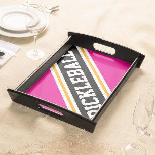  PICKLEBALL Bright Pink White Orange Black Stripes Serving Tray