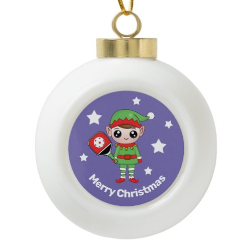 Pickleball Christmas Elf,   Ceramic Ball Christmas Ornament