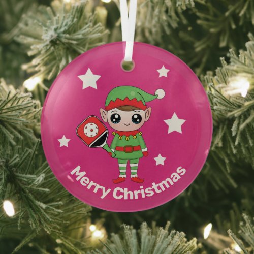 Pickleball Christmas Elf,   Glass Ornament