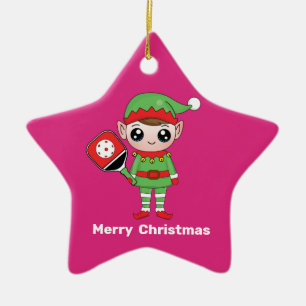 Pickleball Christmas Elf, Star Ceramic Ornament