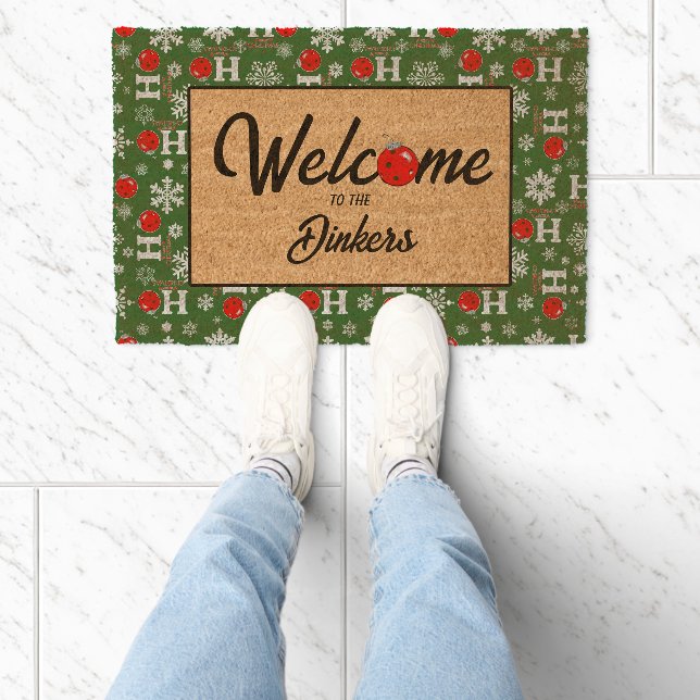 Pickleball Christmas Ho Ho Ho Snowflakes Red Green Fiber Doormat (Insitu)