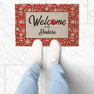 Pickleball Christmas Ho Ho Ho Snowflakes Red White Fiber Doormat