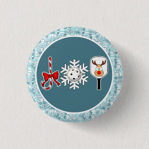 Pickleball Christmas Joy Blue and White Snowballs Button