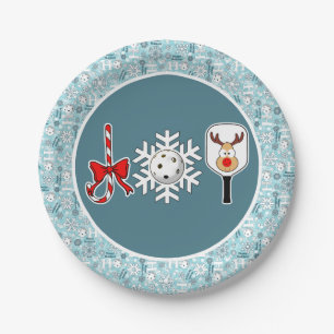 Pickleball Christmas Joy Blue and White Snowballs Paper Plates