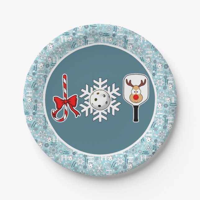 Pickleball Christmas Joy Blue and White Snowballs Paper Plates (Front)