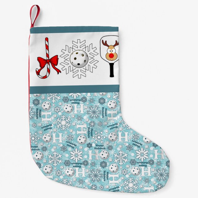 Pickleball Christmas Joy Reindeer Blue and White Small Christmas Stocking (Front)