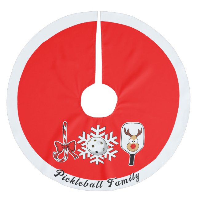Pickleball Christmas Joy Reindeer Red and White Brushed Polyester Tree Skirt (Front)