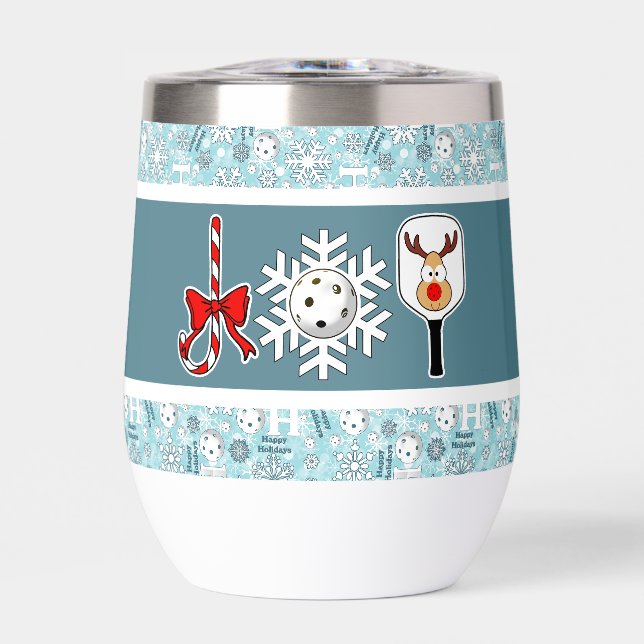 Pickleball Christmas Joy Snowflake Blue and White Thermal Wine Tumbler (Front)