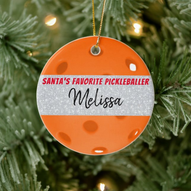 Pickleball Christmas Orange Ball Santa's Favorite  Ceramic Ornament (Tree)