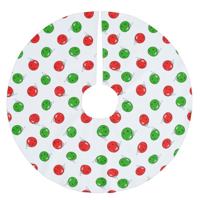 Pickleball Christmas Ornaments Red Green on White Brushed Polyester Tree Skirt (Front)