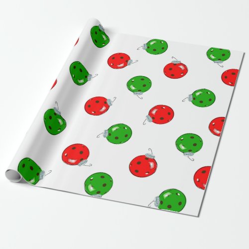 Pickleball Christmas Ornaments Red Green on White Wrapping Paper
