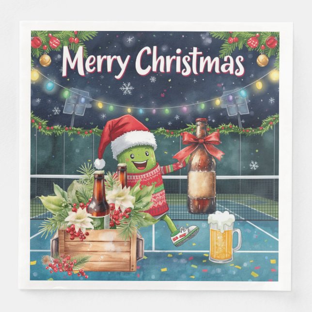 Pickleball Christmas Party with Beer  Paper Dinner Napkins (Front)