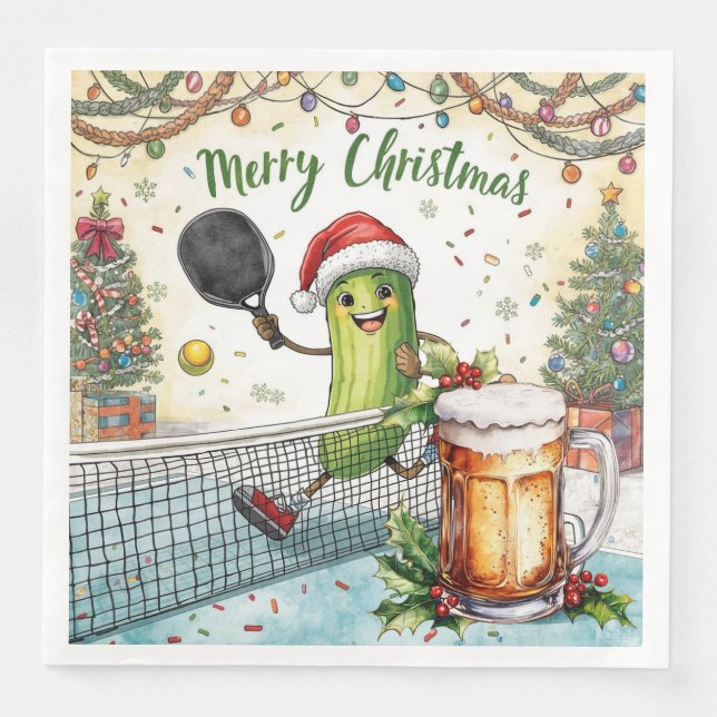 Pickleball Christmas Party with Beer  Paper Dinner Napkins (Front)
