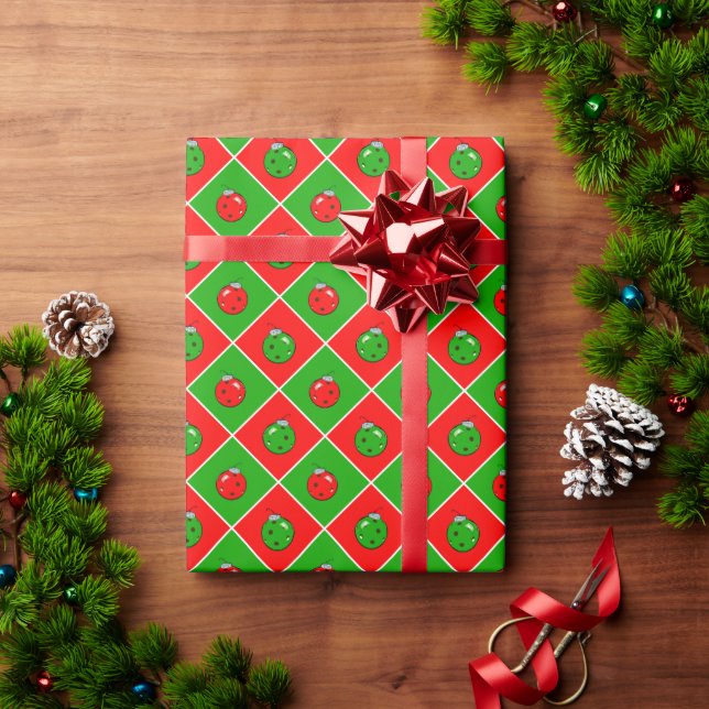 Pickleball Christmas Red and Green Ornament Checks Wrapping Paper (Holiday Gift)