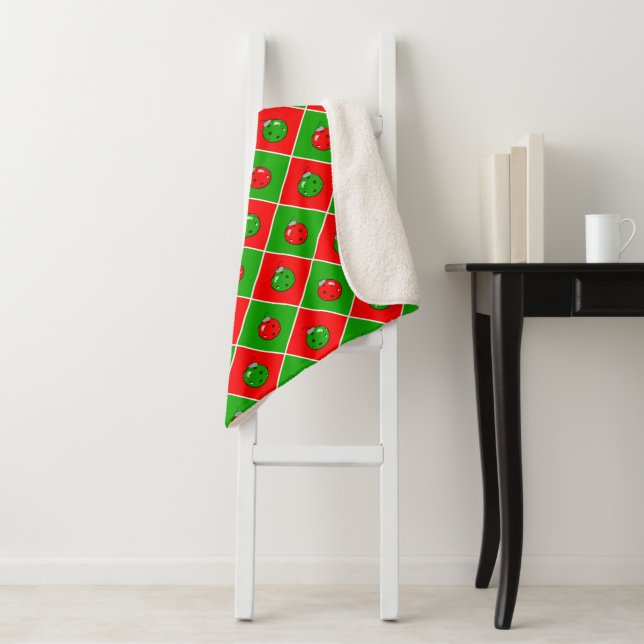 Pickleball Christmas Red and Green Ornament Plaid Sherpa Blanket (In Situ)