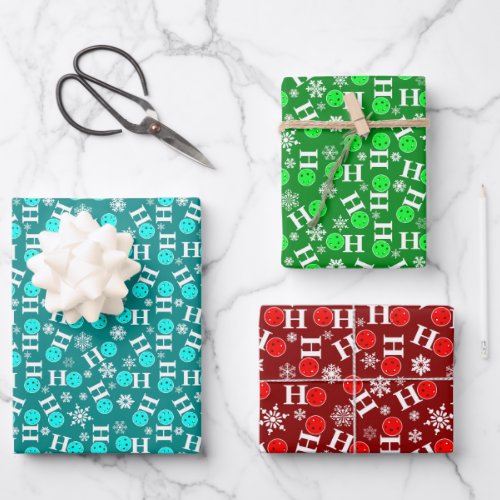 Pickleball Christmas Red Green Blue Ho Ho Ho Snow Wrapping Paper Sheets