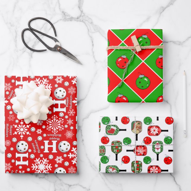 Pickleball Christmas Red Green Ornaments Snowballs Wrapping Paper Sheets (Front)