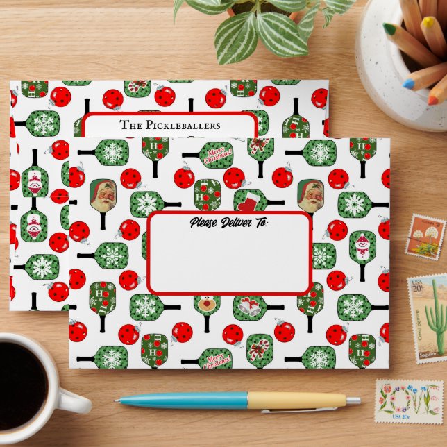 Pickleball Christmas Red & Green Paddles & Balls Envelope (Desk)