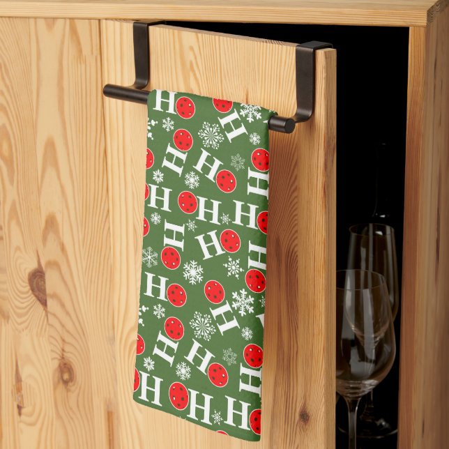 Pickleball Christmas Red Green Snowflakes Ho Ho Ho Kitchen Towel (Thirds Fold)