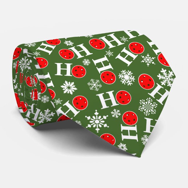 Pickleball Christmas Red Green Snowflakes Ho Ho Ho Neck Tie (Rolled)
