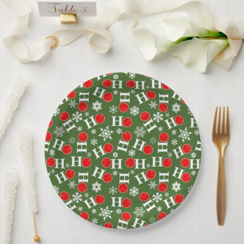 Pickleball Christmas Red Green Snowflakes Ho Ho Ho Paper Plates