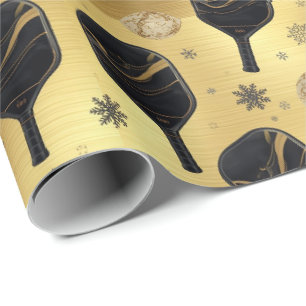 Pickleball  Christmas themed Black and Gold Wrapping Paper
