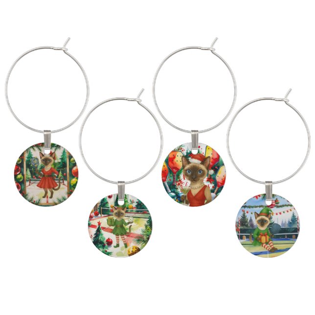 Pickleball Christmas themed for cat lovers Wine Charm (Staggered)