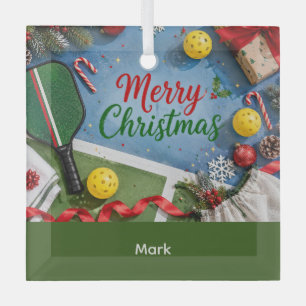 Pickleball Christmas themed Glass Ornament