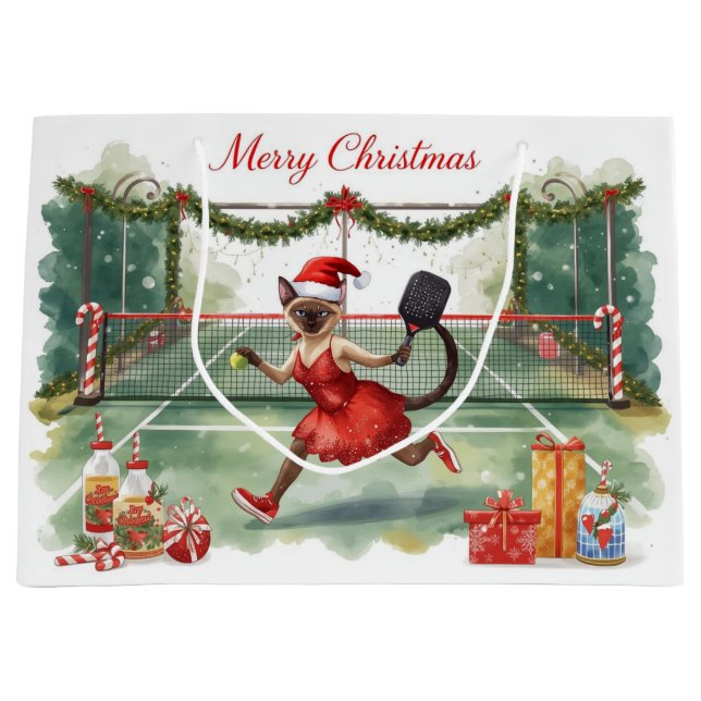 Pickleball Christmas themed with cat  Large Gift Bag (Front)