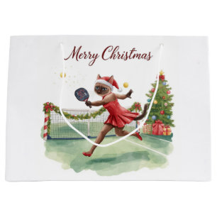 Pickleball Christmas themed with cat Large Gift Bag
