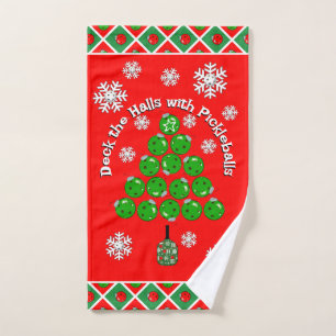 Pickleball Christmas Tree Deck the Halls Red Green Hand Towel