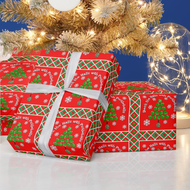 Pickleball Christmas Tree Deck the Halls Red Green Wrapping Paper (Holidays)