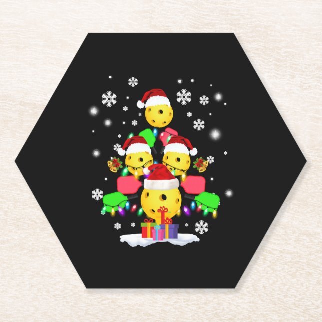 Pickleball Christmas Tree Santa Pickleball Lights Paper Coaster (Front)