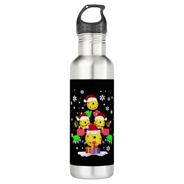 Pickleball Christmas Tree Santa Pickleball Lights Stainless Steel Water Bottle (Front)