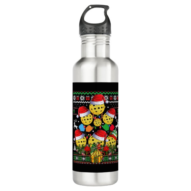 Pickleball Christmas Tree Ugly Sweater Santa Paddl Stainless Steel Water Bottle (Front)