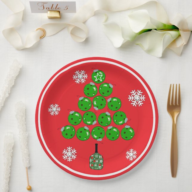 Pickleball Christmas Tree Xmas Party Paper Plates (Wedding)