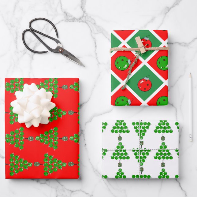Pickleball Christmas Trees and Red Green Ornaments Wrapping Paper Sheets (Front)