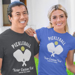 Pickleball Club Pickleball Paddle & Ball Custom T-Shirt<br><div class="desc">Do you love pickleball or know someone who does?  Then this is the perfect shirt that features criss-crossed pickleball paddles and a yellow pickleball.  Add two lines of your own custom text - add your club name,  player name,  city,  state,  tournament details,  etc. - whatever you'd like.</div>