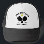 Pickleball Club Team Player Custom Pickle Gift Trucker Hat<br><div class="desc">Standout on the pickleball court in this super cool hat featuring crossed pickleball paddles, a ball and your custom text. Easily change the wording to include your pickleball club name, team name, city/location or any wording your choose. Also change the font and graphic colors - just click edit/personalize. Makes an...</div>